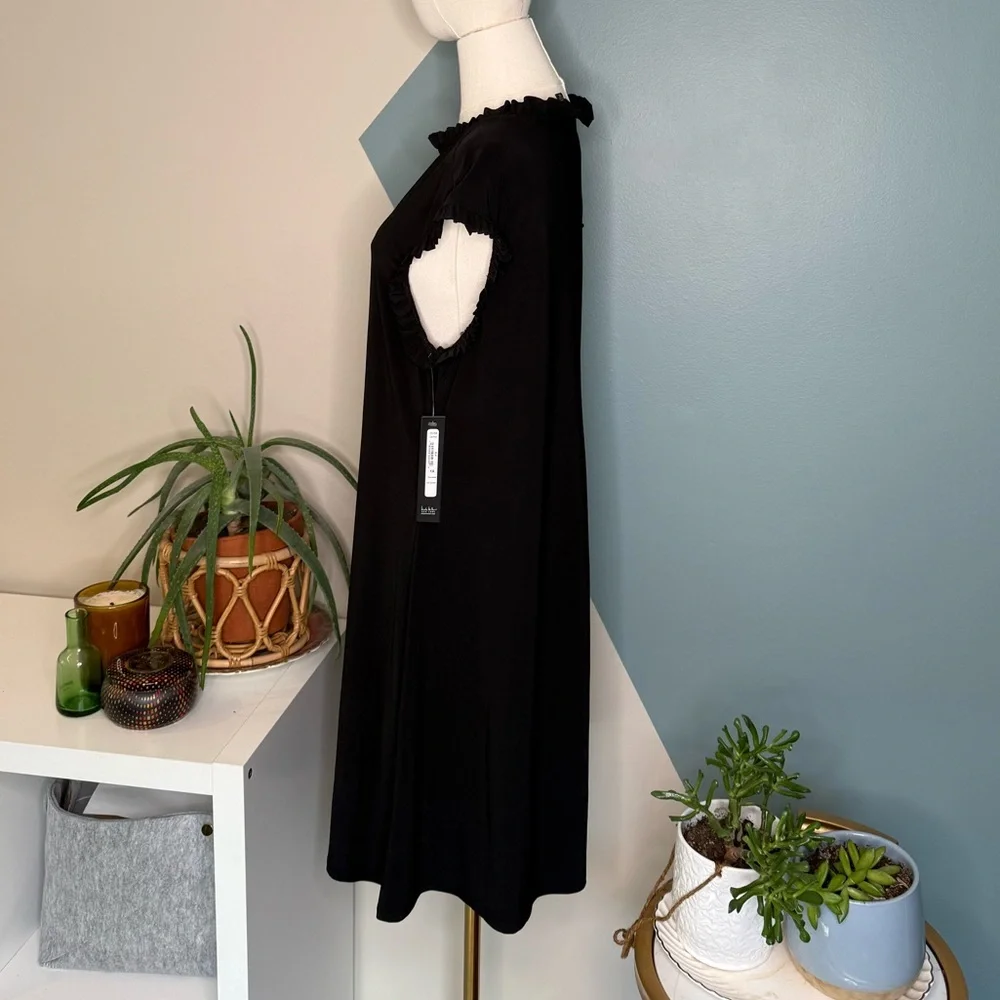 Nicole Miller New York 1X Black Ruffle Mock Neck Sleeveless A-Line Dress Stretch - Picture 3 of 12